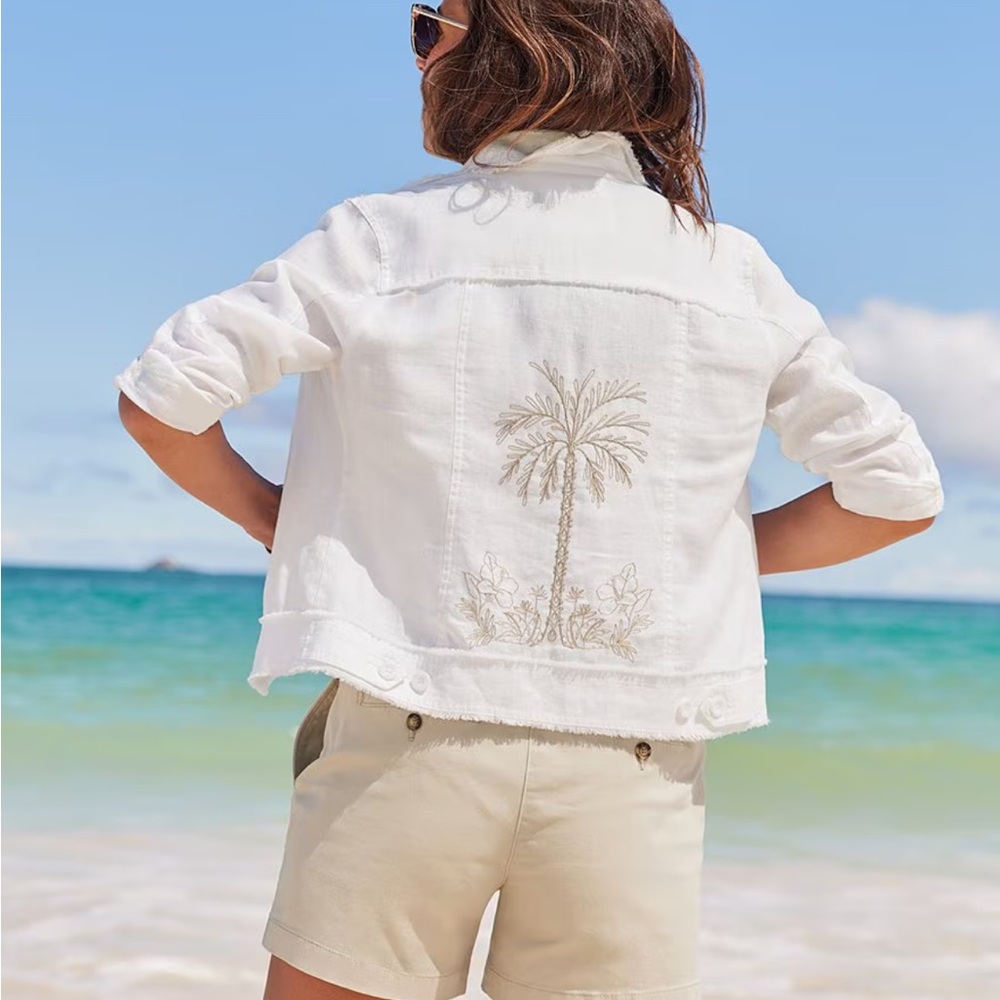 Tommy Bahama White Embroidered Palm Jean Jacket